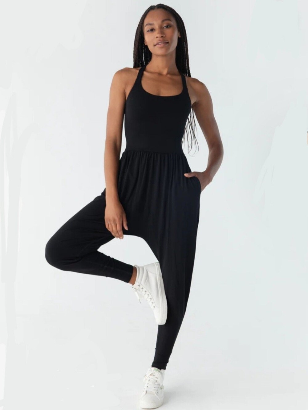 IMBODHI Women's Black Jersey Knit Cross Strap Harem Jumpsuit Size XS Pockets.